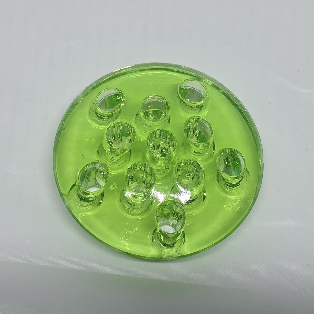 Vaseline Uranium Glass Flower Frog 11 Holes Glows UV Green Vintage 3" Diameter - Picture 3 of 10